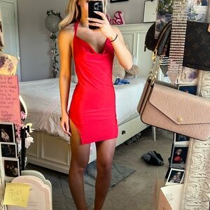 Backless red slit dress